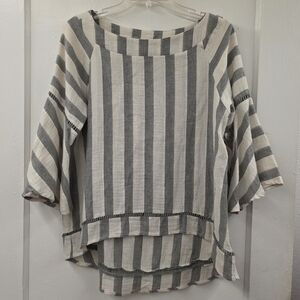 Listicle Striped Cotton Gauze Blouse Small Gray Cream Boxy Boho Top